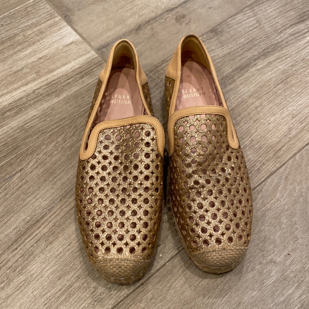 Stuart Weitzman Leather Glitter Accents Espadrilles sz 6/6.6